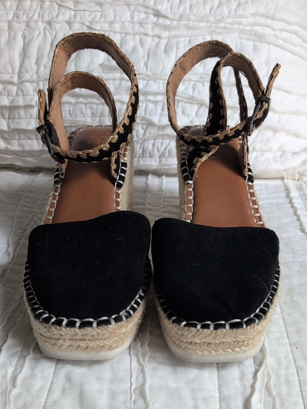Crown Vintage Black and Tan Espadrille Wedge Sandals